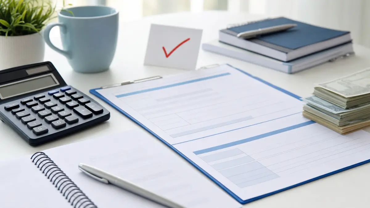 A calm debt support calculator desk scene with blank paperwork