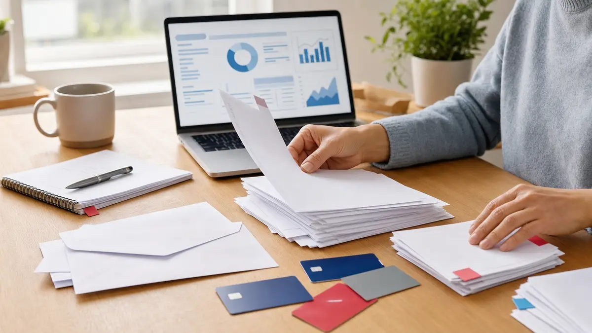 Generic debt paperwork and cards sorted into manageable piles
