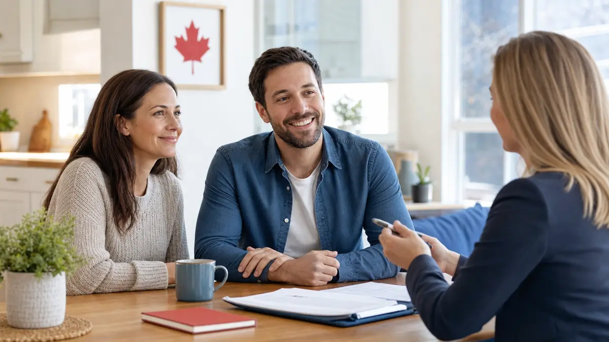 A relieved Canadian couple reviewing debt support options at home